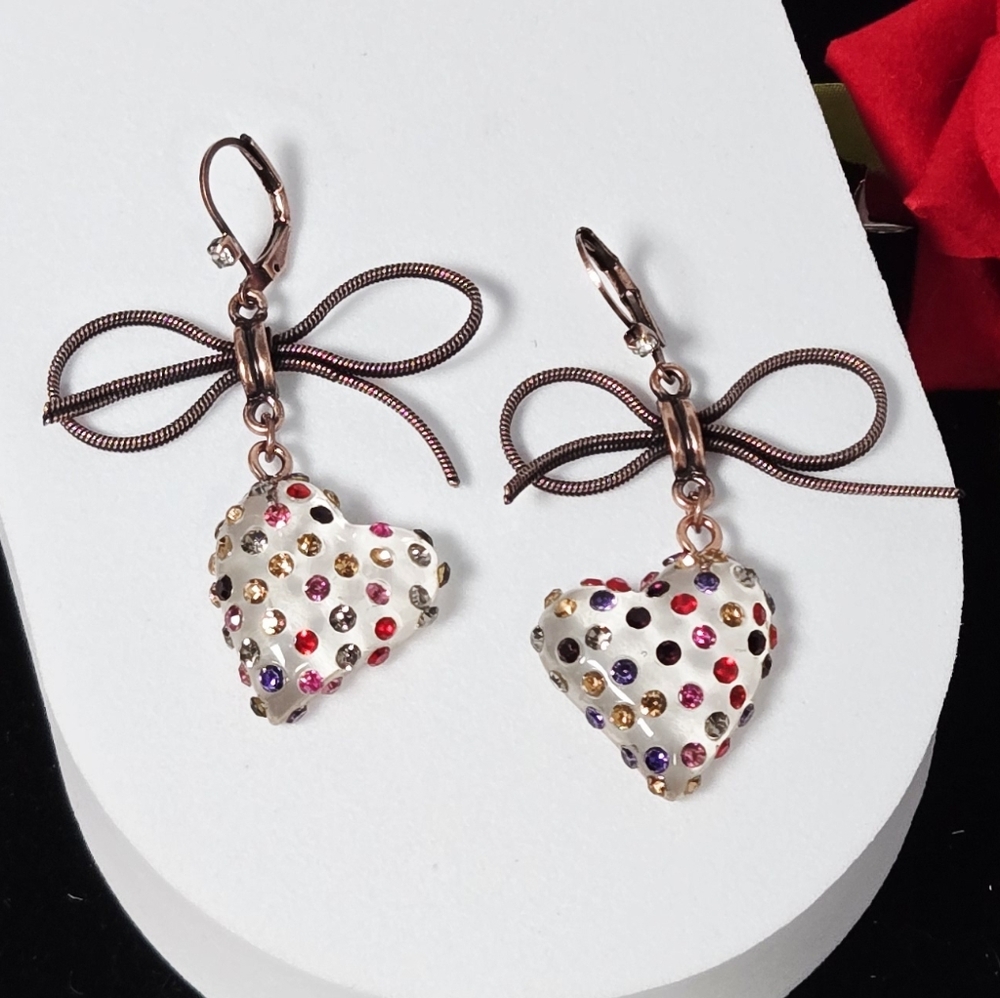 Bronze Boho Heart Bow Drop Earrings • Rhinestone Leverback Dangle Romantic Chic
